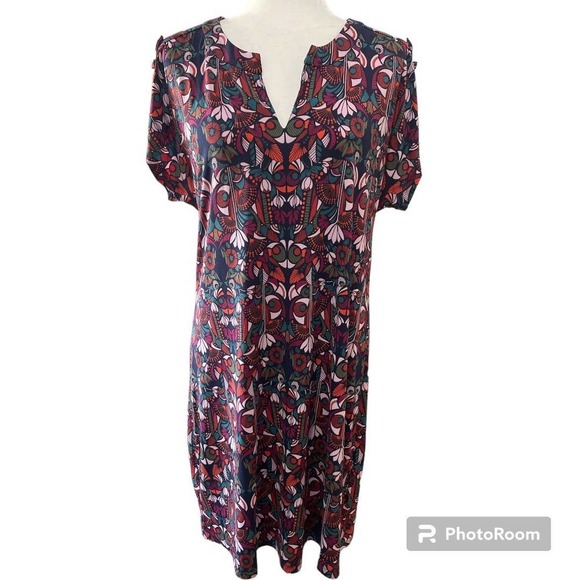 London Times Women's Stretch Short Sleeve V-Neck Shift Dress Navy Size Medium - Picture 3 of 8